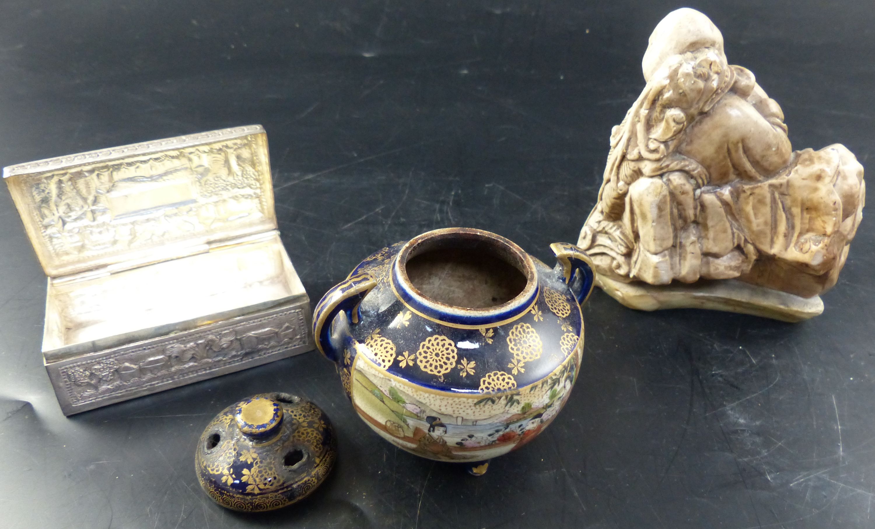 An early 20th century Indian white metal casket, a Satsuma koro, and a Chinese soap